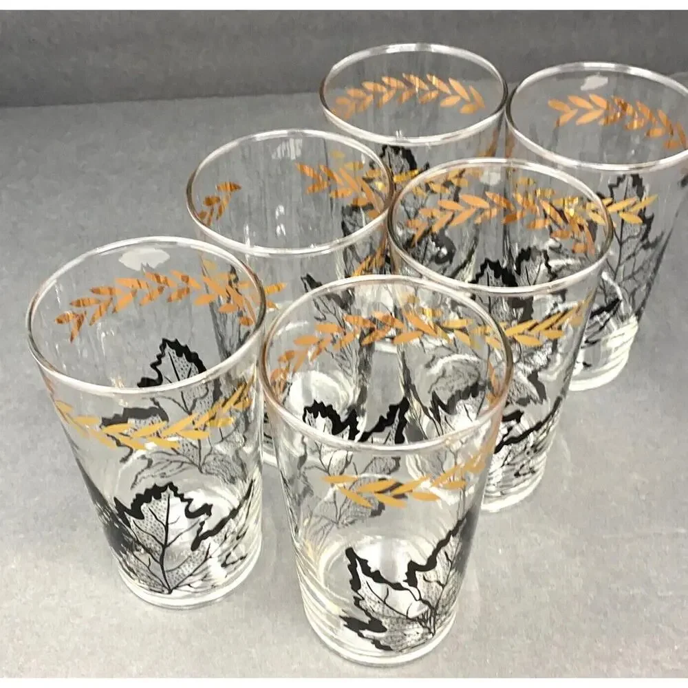 VTG Federal Glass Black Oak Leaf Gold Laurel Tumblers Set 6 MCM Drinking Glasses